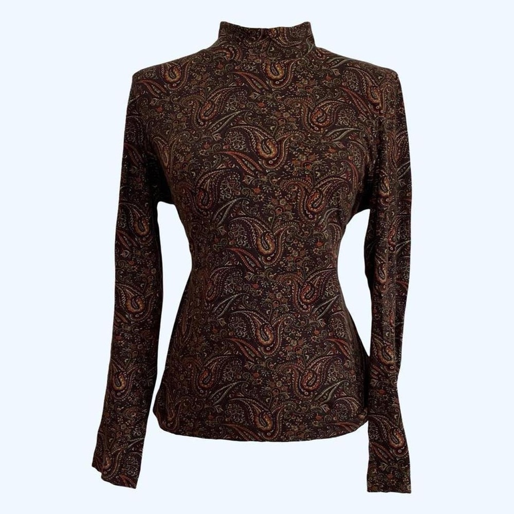 Dark Brown Paisley High Mock Neck Long Sleeve Top